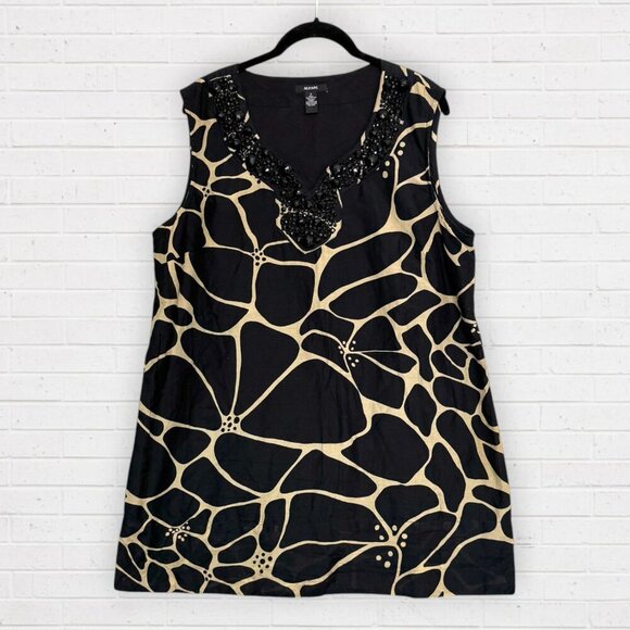 ALFANI Sleeveless Black Tan Big Floral Animal Print Beaded Neckline Dress 16 - Picture 1 of 8